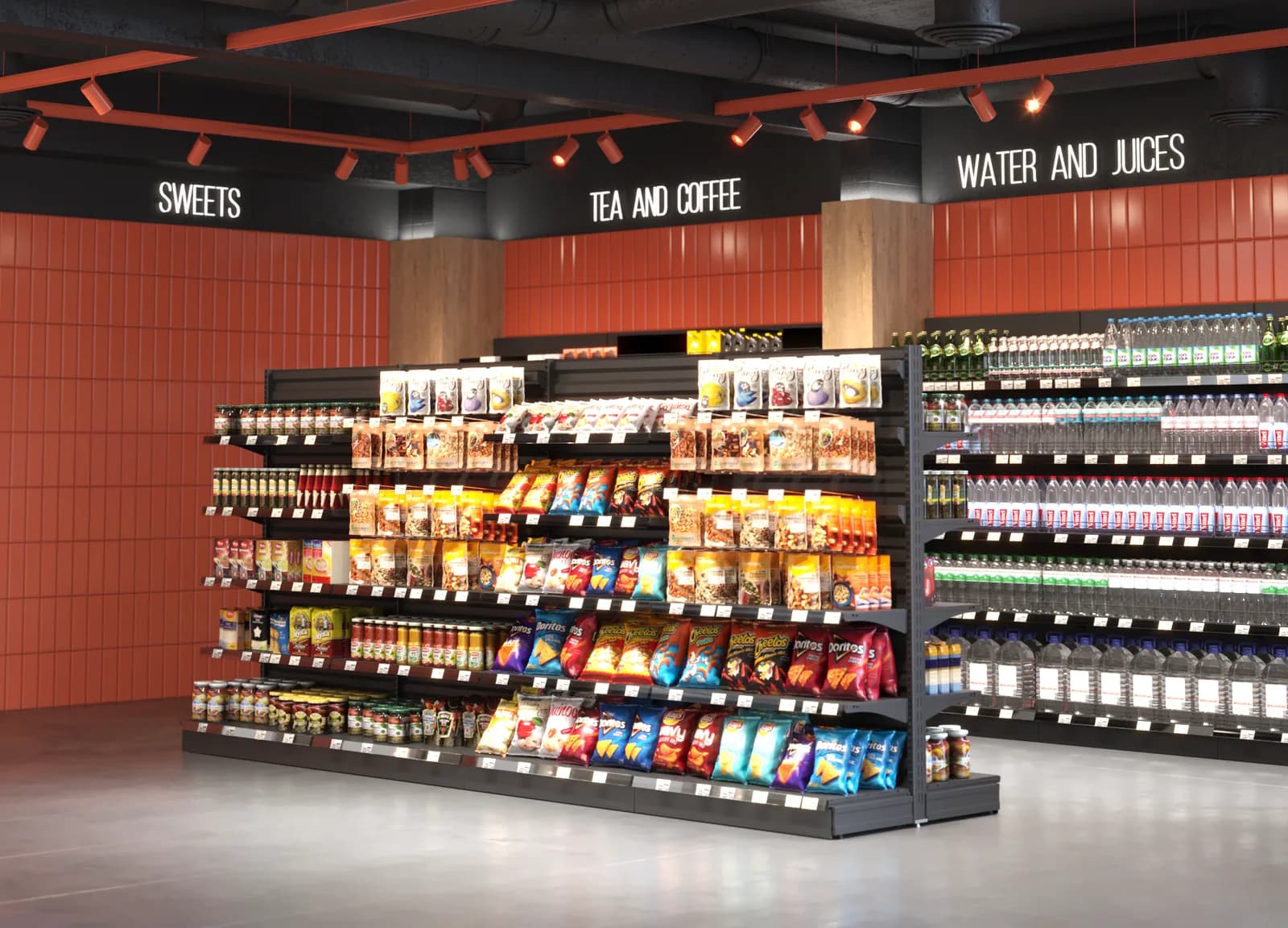 Sistema FS — zona de supermercado con estanterías de 25 mm