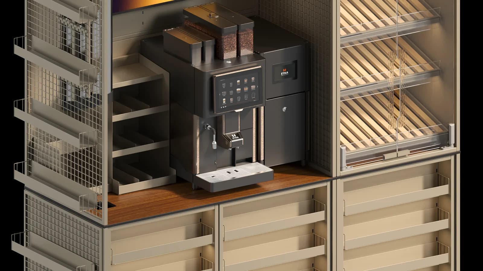 Detalle del módulo de café y accesorios de servicio