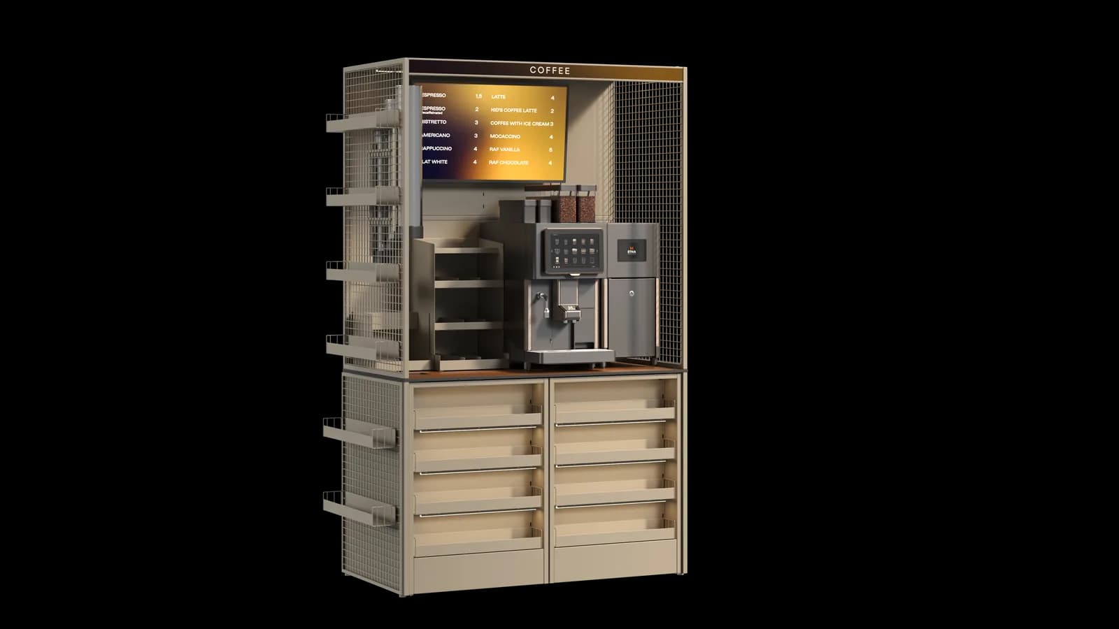 Módulo de vending de café con zona de servicio y bebidas calientes